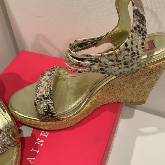 NWB 👑 Elaine Turner Kelcie Leather Raffia Wedge Platform Sandal Tan Gold Black - Picture 5 of 15